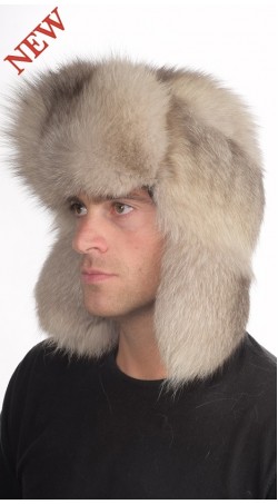 Grey fox fur hat Russian style, for men